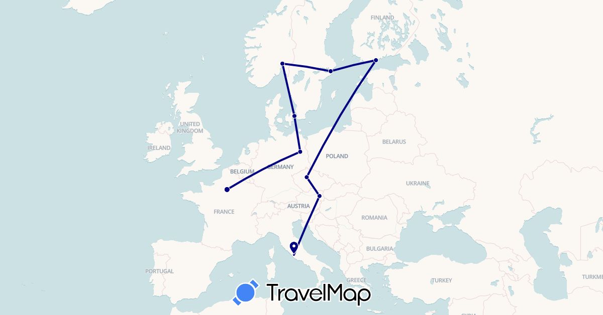 TravelMap itinerary: driving in Austria, Czech Republic, Germany, Denmark, Finland, France, Italy, Norway, Sweden (Europe)